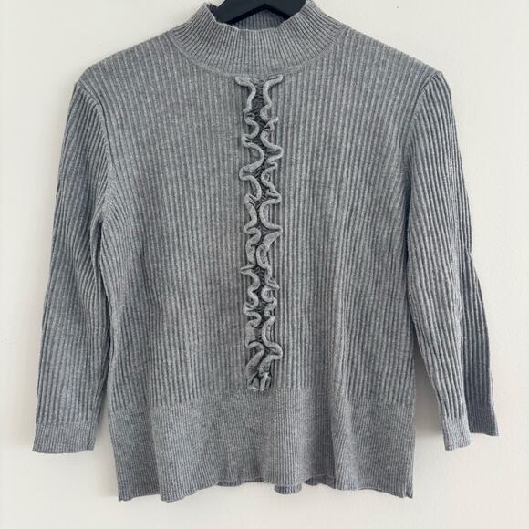 Y2k Cable & Gauge Petite Gray Ribbed Ruffle Sweater 3/4 Sleeves Mock Neck Size S - Picture 1 of 7